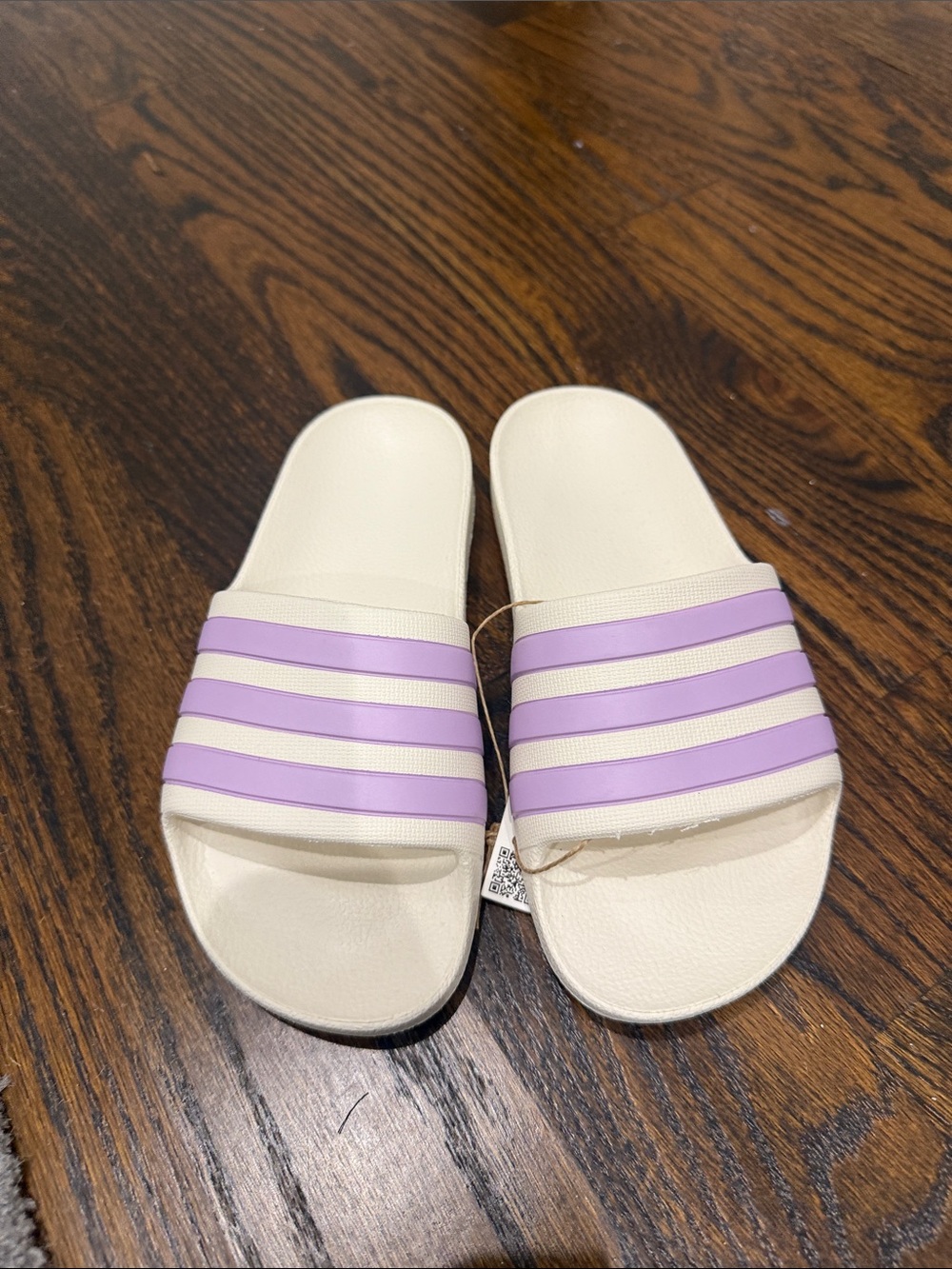 adidas Cream Slide Sandals with Lavender Stripes